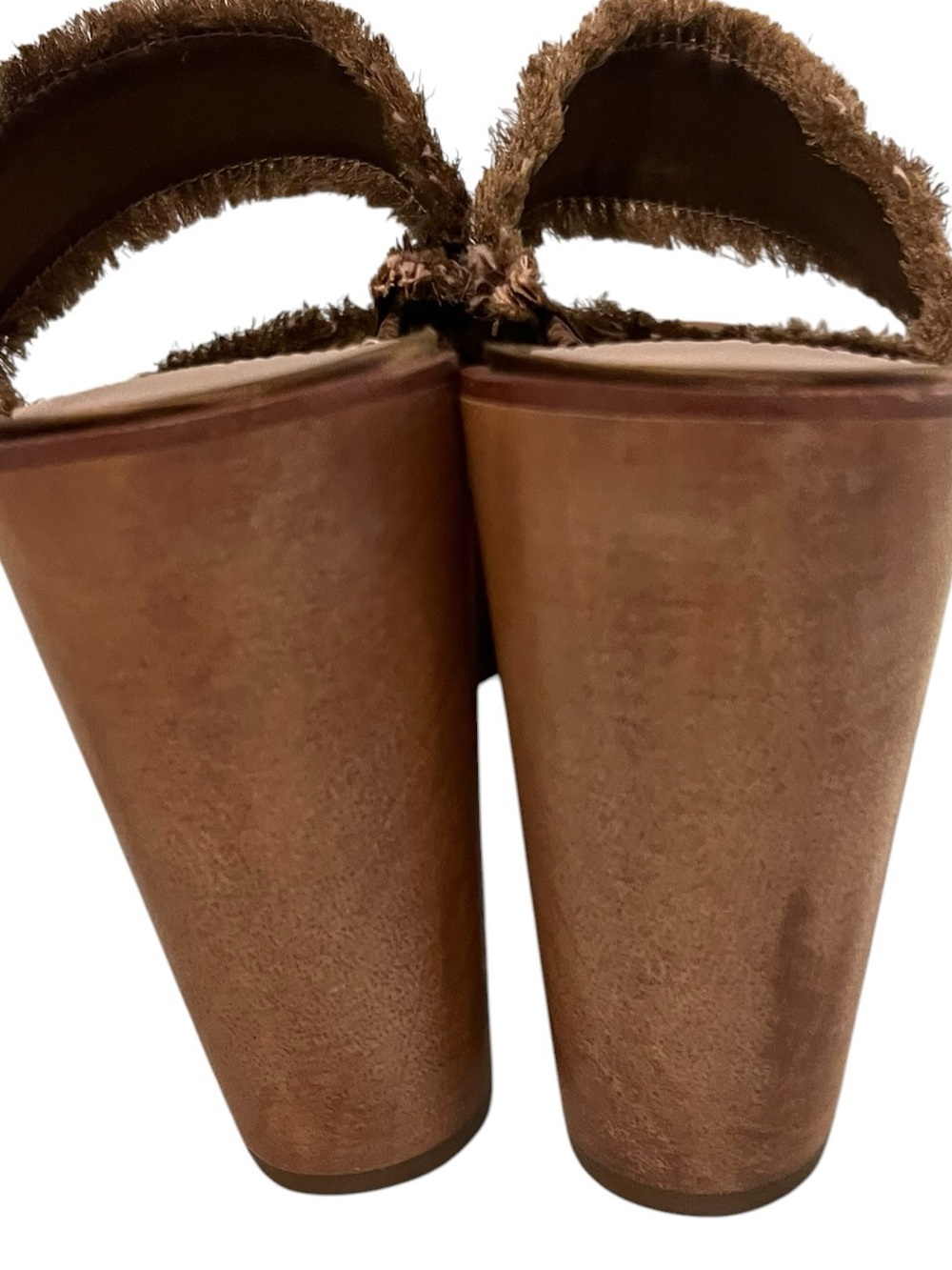 10 Crosby Derek Lam Platform Mule Sandals 7M Brown Fringe Wood Heel Boho Granola - Picture 9 of 10